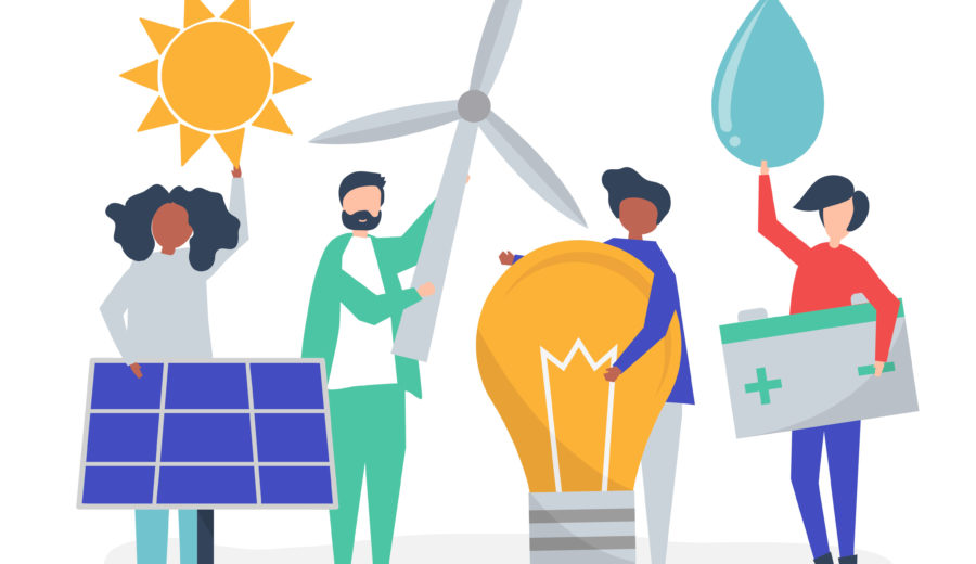 Exaprint s’engage dans le cadre de la Semaine Européenne du Développement Durable personnes tenant dans leur mains des éolienne, soleil, goutte d'eau, ampoule et panneau photovoltaïque