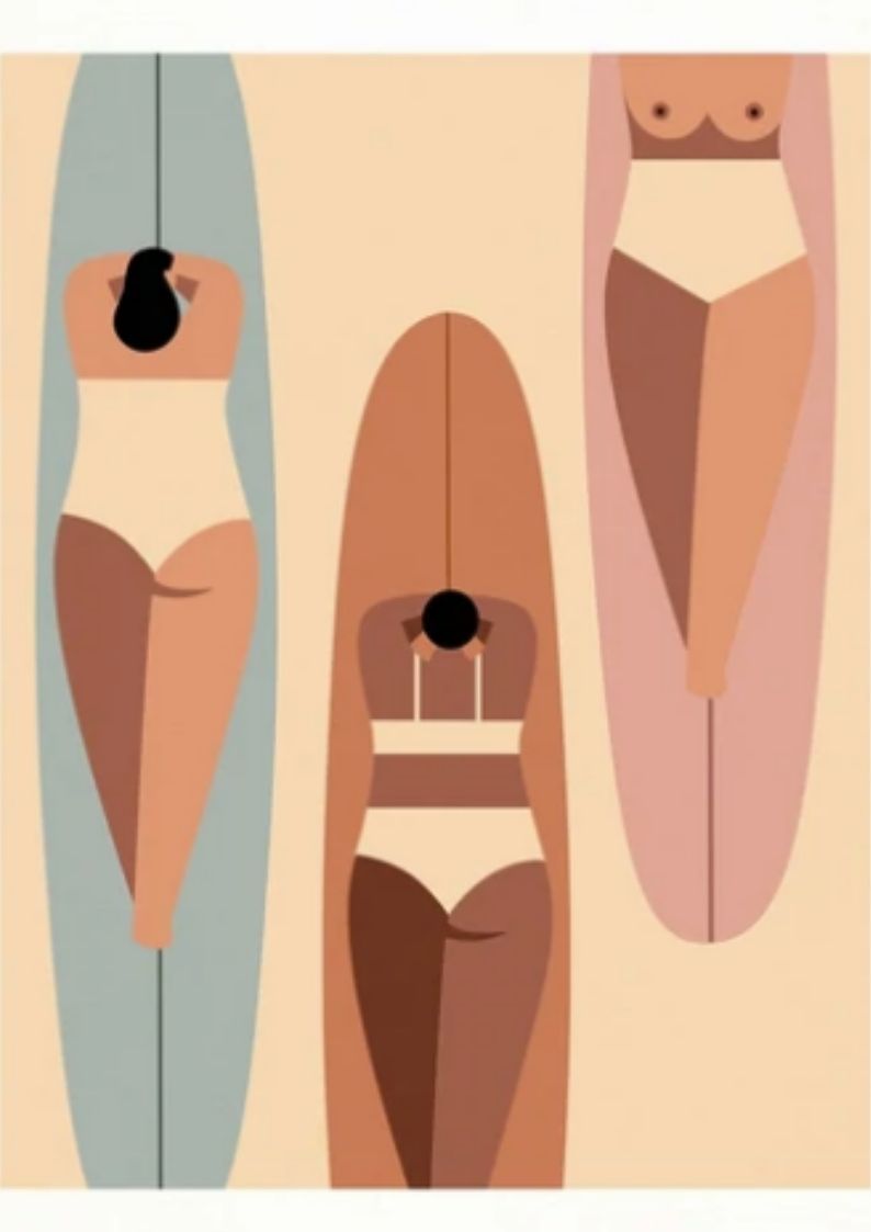 Illustration de femmes allongées sur leur planche de surf