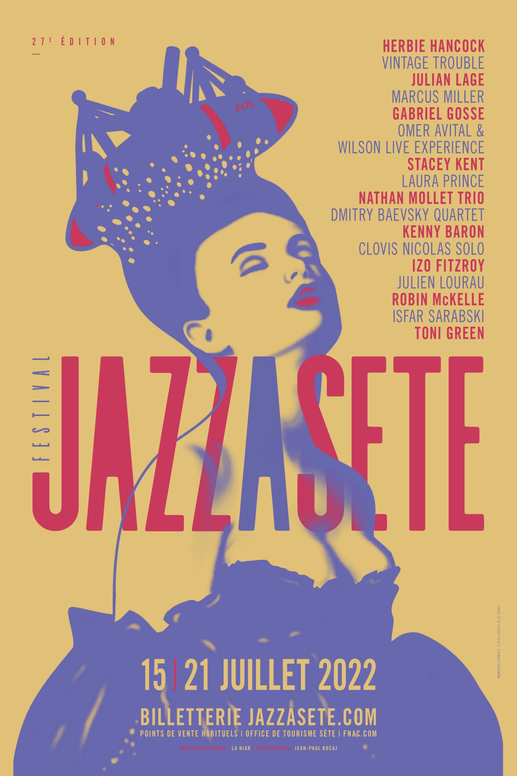 affiche pour le festival jazz à sète 2022 déclinaison bleue, jaune et rouge