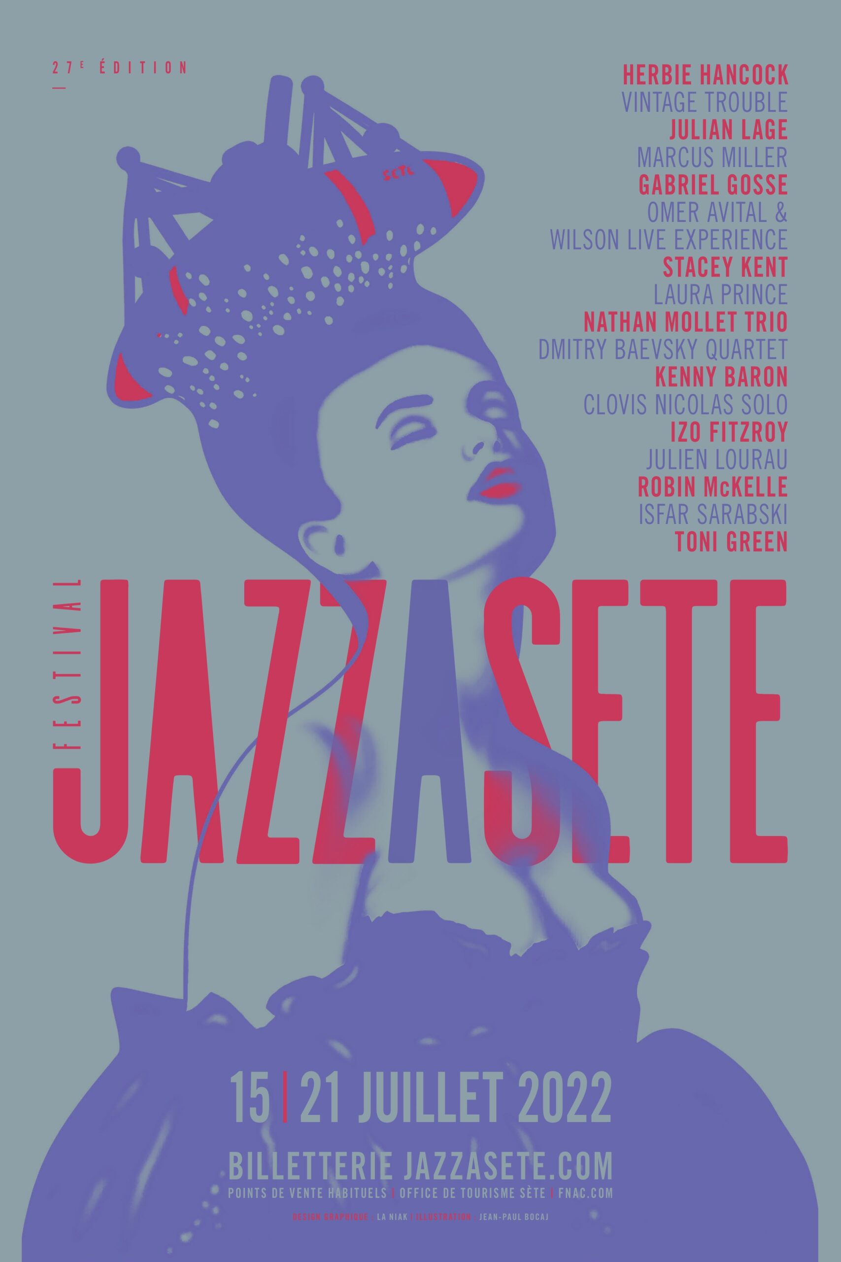 affiche pour le festival jazz à sète 2022 déclinaison bleue et rouge par jean-paul bocaj