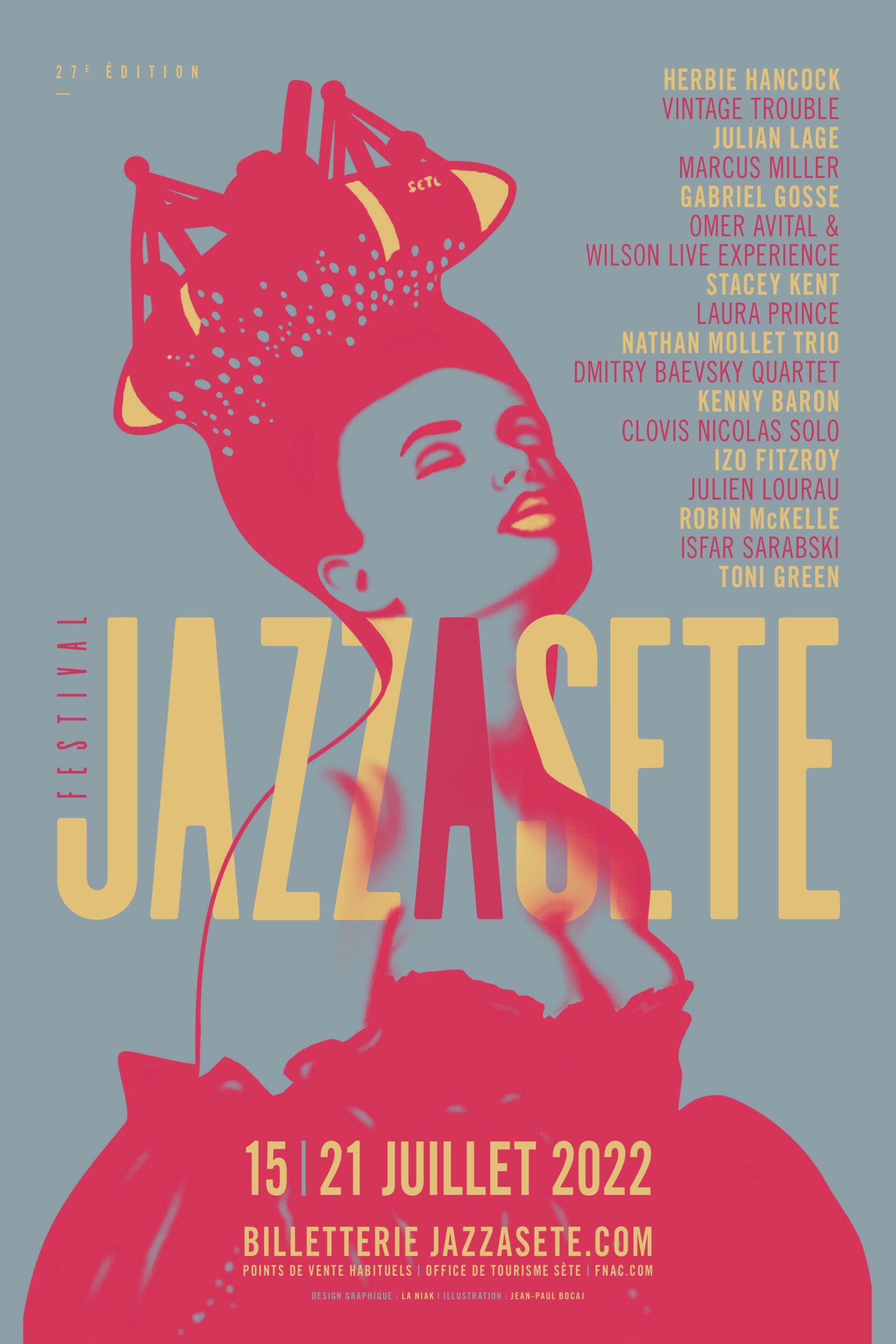 affiche pour le festival jazz à sète 2022 déclinaison jaune et rouge par jean-paul bocaj