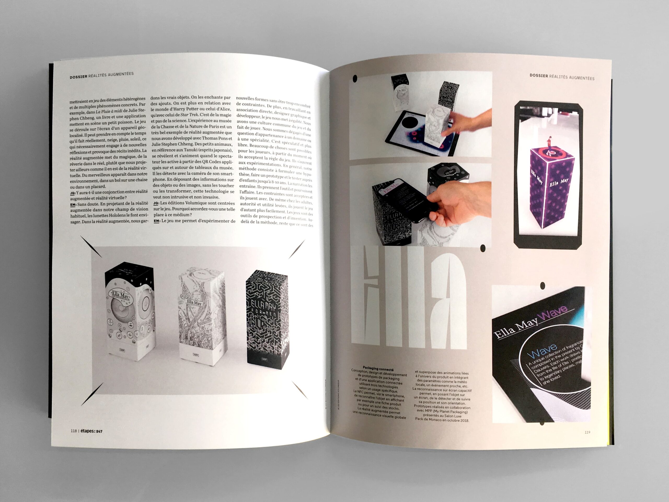 magazine papier design ouvert sur une page abordant la réalité augmentée