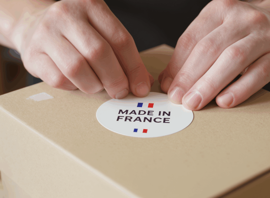 Photo en gros plan d’une main collant une étiquette autocollante “Made in France” sur une boîte en carton kraft de style artisanal. L’étiquette est blanche avec un petit drapeau français discret, posée soigneusement pour éviter les bulles d’air. L’arrière-plan montre un atelier ou une cuisine en lumière naturelle (étagères en bois, plantes, outils d’emballage) légèrement flou, ambiance authentique et non commerciale.