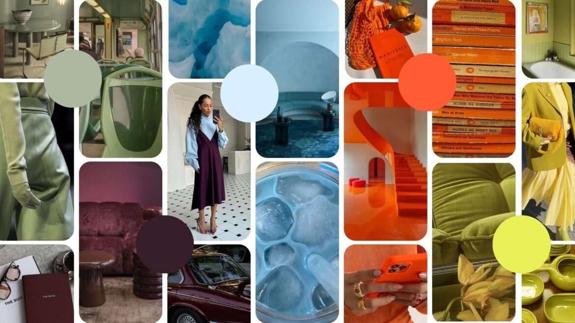 Composition visuelle des couleurs Pinterest Palette 2026 : aperçus et ambiances des teintes Cool Blue, Vert Sauge, Cassis, Wasabi et Orange Topaze pour l'inspiration graphique et l'impression.