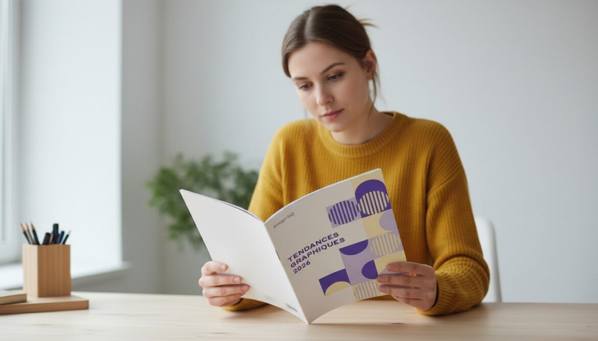 Portrait d'une femme créative assise à une table, feuilletant avec attention le Guide des Tendances Graphiques 2026 d’Exaprint. La couverture du guide dévoile un design géométrique moderne dans un dégradé de violet, illustrant une ambiance de travail sobre, experte et inspirante.