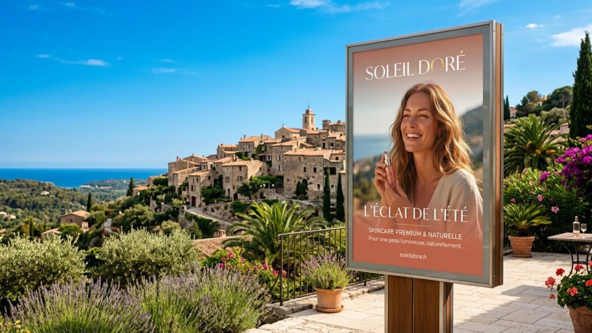 Supports de communication outdoor aux codes graphiques de 2026 : couleurs vives, contrastes marqués et typographies audacieuses. Le visuel illustre une scénographie extérieure captivante qui attire naturellement l'œil des passants.