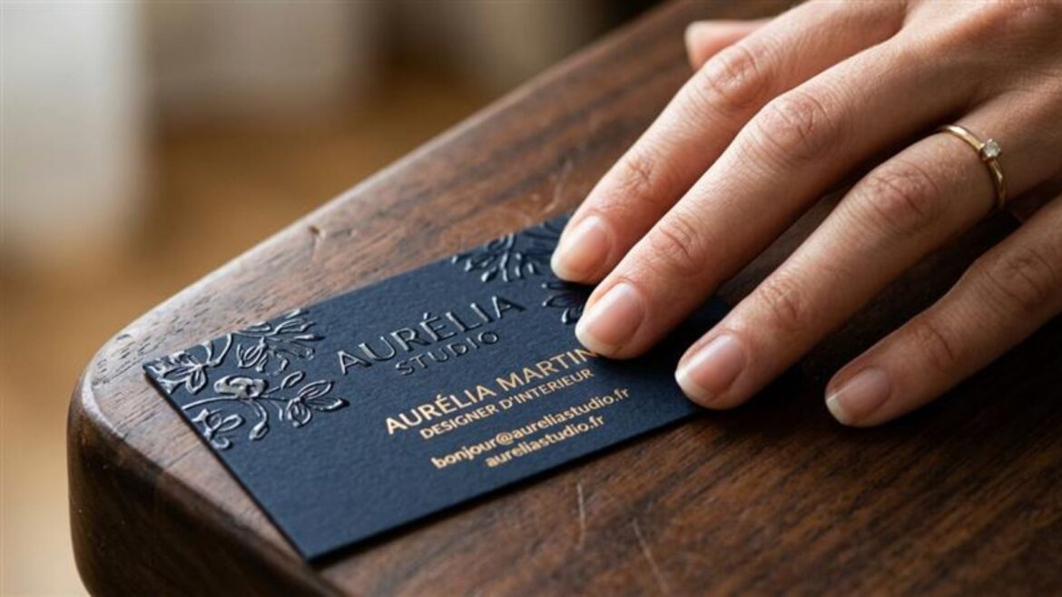 Main effleurant une carte de visite premium Exaprint avec vernis sélectif 3D et dorure, illustrant l'impact du marketing sensoriel et des finitions print haut de gamme.