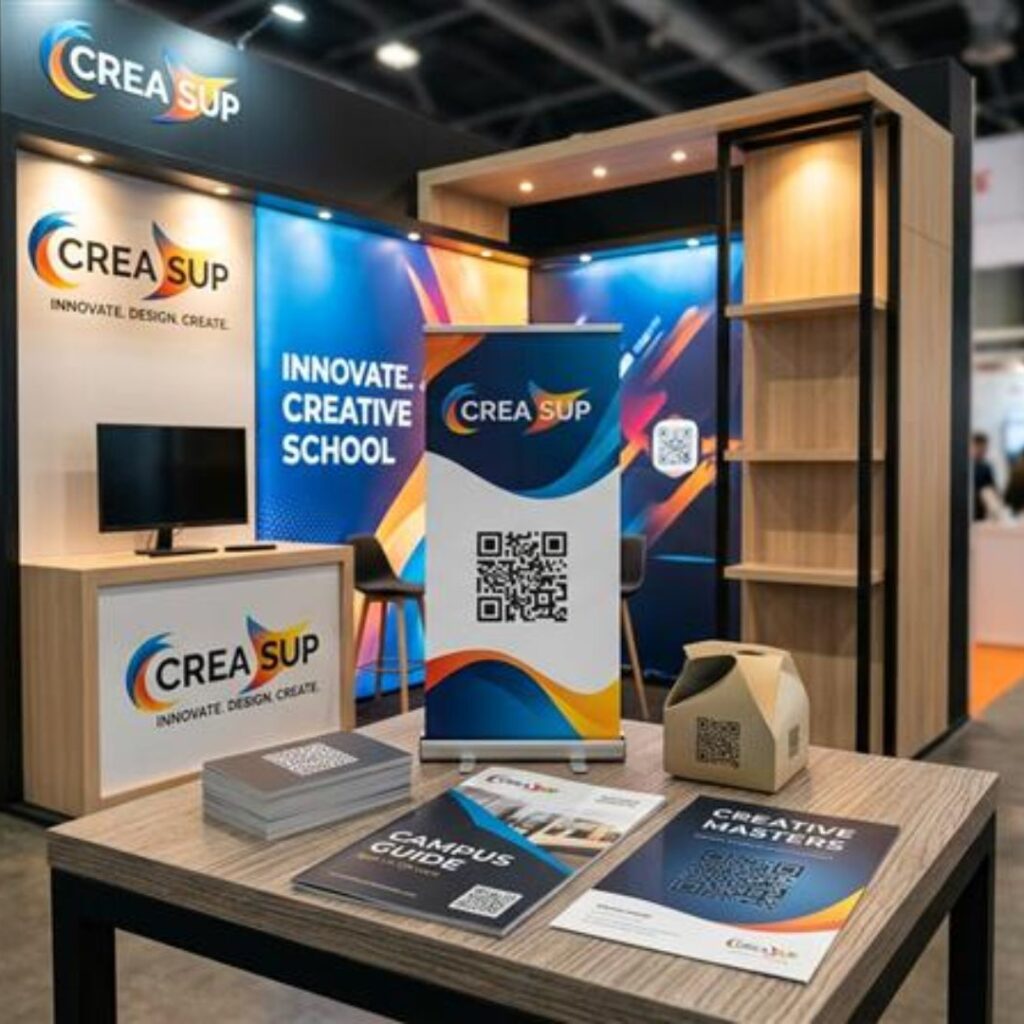 Sélection de créations graphiques originales montrant comment intégrer un QR code comme un élément de design à part entière sur différents supports papier. Exemple de communication phygitale réussie et esthétique.